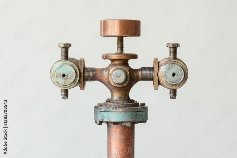 Antique industrial copper pipe fitting with multiple valves and bolts, showing age and wear. Antique industrial copper pipe fitting with multiple valves and bolts, showing age and wear.
