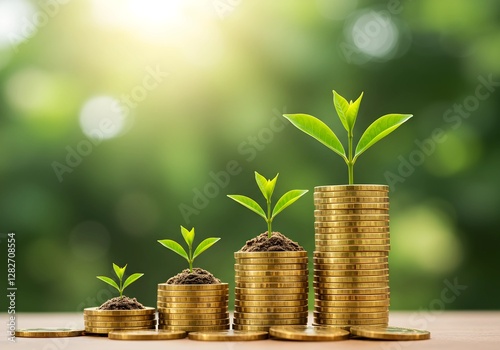 A seedling is growing on a coin lying on the ground. Green investment concept ,Rising money to invest. financial growth concept photo