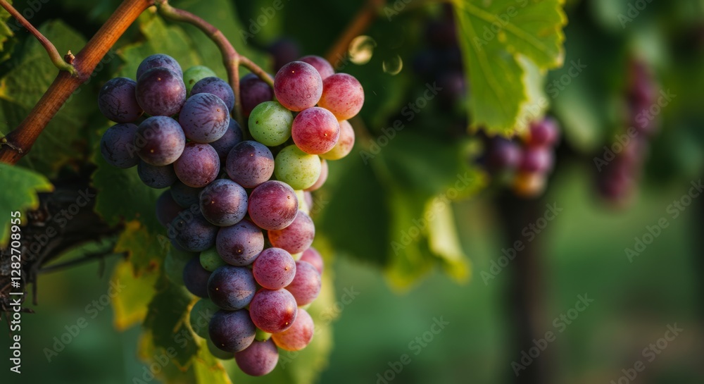 Sun-kissed grapes hanging from vine, showcasing the vineyard's bounty Sun-kissed grapes hanging from vine, showcasing the vineyard's bounty