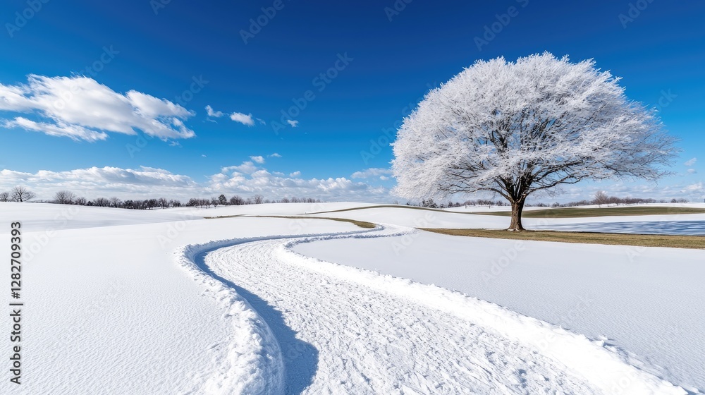 Snowy path winding past frosty tree, winter landscape, serene scene, travel