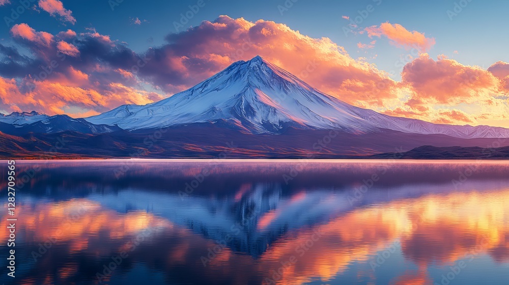 Fototapeta premium Volcanic mountain in morning light: radiant sunbeams create mirror-like reflections on a calm lake, showcasing majestic natural beauty and pristine wilderness