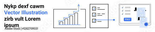 Bar chart showing growth, checklist with to-dos, and an online payment form with invoice receipt. Ideal for finance, business strategy, e-commerce, productivity, analytics, and process management