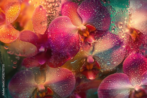 Close-up of vibrant, dew-kissed orchids in a stunning display of color and texture.