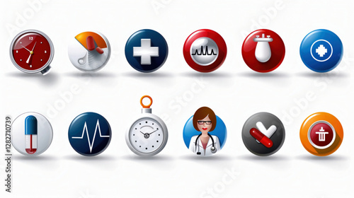 A vector icon set of healthcare, cartoon doctor and nurse with medical icons set