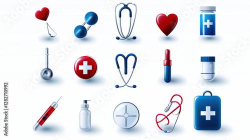 A vector icon set of healthcare, cartoon doctor and nurse with medical icons set