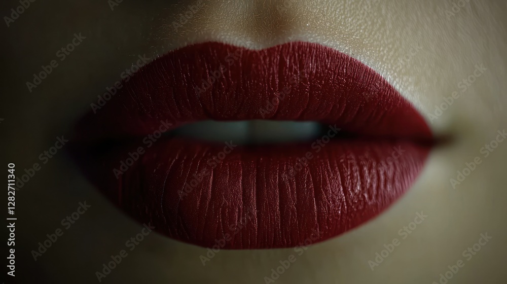 Close up of crimson lips, dark background. Cosmetic marketing beauty product Close up of crimson lips, dark background. Cosmetic marketing beauty product