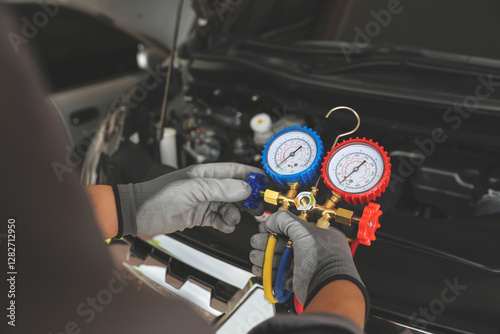 Car mechanic repairman holding air refrigerant meter manifold gauge for car care maintenance services and check air conditioner system heat problem and fix repairing and filling refrigerant.