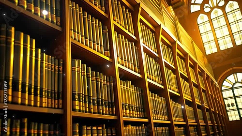 Grand Library Interior with Ornate Wooden Bookshelves