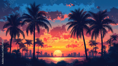 Serene tropical sunset with the silhouette of a palm tree casting a shadow on the horizon