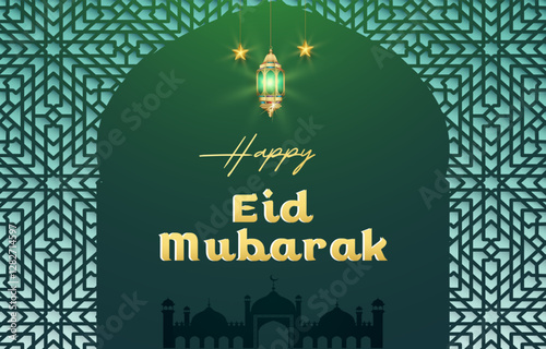 happy eid mubarak template banner with beautiful islamic ornament with green background design 12