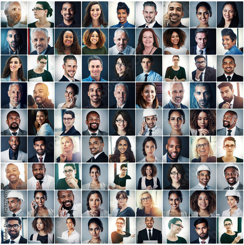 Group, business and people with composite in studio of career diversity, corporate ambition and pride. Staff, montage and thinking with job opportunity, about us and community inclusion on background