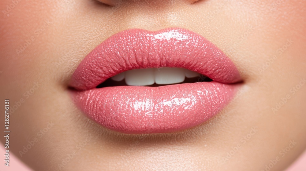 Obraz premium Close-Up of Soft Pink Glossy Lips on Smooth Skin Against a Simple Background