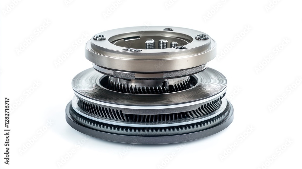 Close-up of a complex metallic industrial component with gears and intricate design, isolated on white background. Close-up of a complex metallic industrial component with gears and intricate design, isolated on white background.