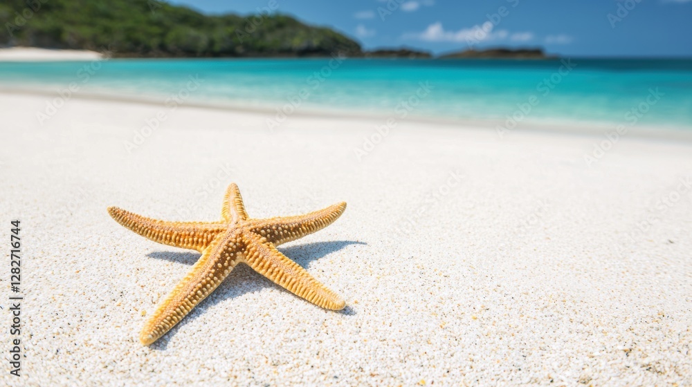 Starfish on White Sandy Beach with Clear Blue Water and Lush Green Landscape in Background Starfish on White Sandy Beach with Clear Blue Water and Lush Green Landscape in Background