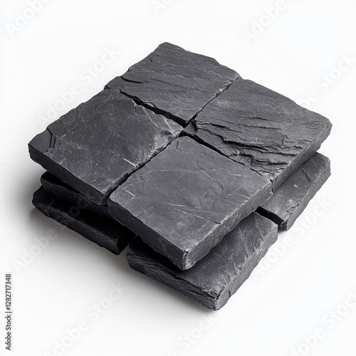 Dark slate paving stones studio shot, white background, construction material photo