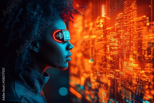 Wallpaper Mural Woman Wearing Futuristic Goggles Views a Neon Cityscape at Night Torontodigital.ca