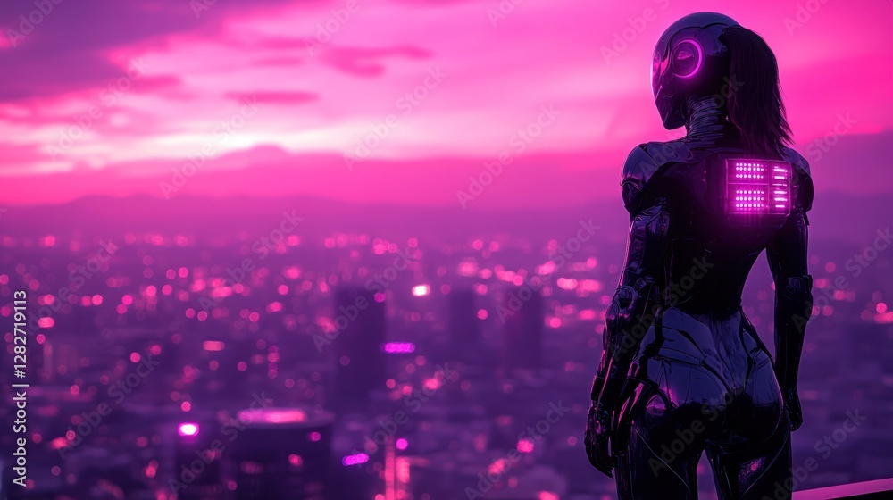 Cyborg sunset cityscape gazing future tech