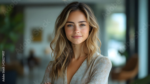 Confident woman standing with arms crossed, professional attire, leadership and ambition Free Download Confident woman standing with arms crossed, professional attire, leadership and ambition - GFXLoad