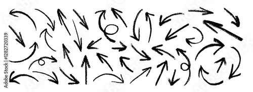 Set of black charcoal arrows strokes different forms. Rough charcoal arrows on white background. Brush elements for notes, highlighting and underlining in text