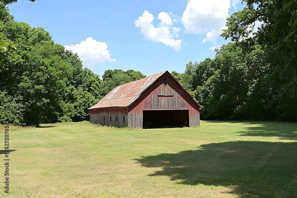 Fototapeta premium Rustic red barn in grassy field, sunny woods