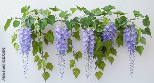 plant with cascading wisteria flower and pinnate leaves on plain white background