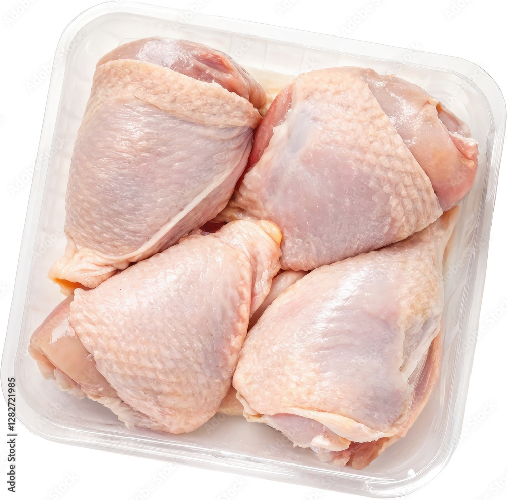 Uncooked Chicken Thighs Packaged and Displayed on a Supermarket Shelf Uncooked Chicken Thighs Packaged and Displayed on a Supermarket Shelf