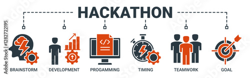 Hackathon banner web icon vector illustration concept for design sprint-like social coding event with icon of brainstorm, development, programming, timing, speed, teamwork, and goal icons solid color 