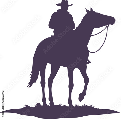 Cowboy with rope lasso in his hand on galloping horse silhouette element vector illustration.