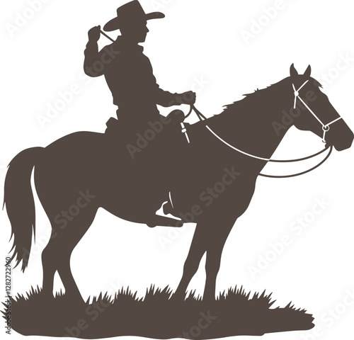 Cowboy with rope lasso in his hand on galloping horse silhouette element vector illustration.