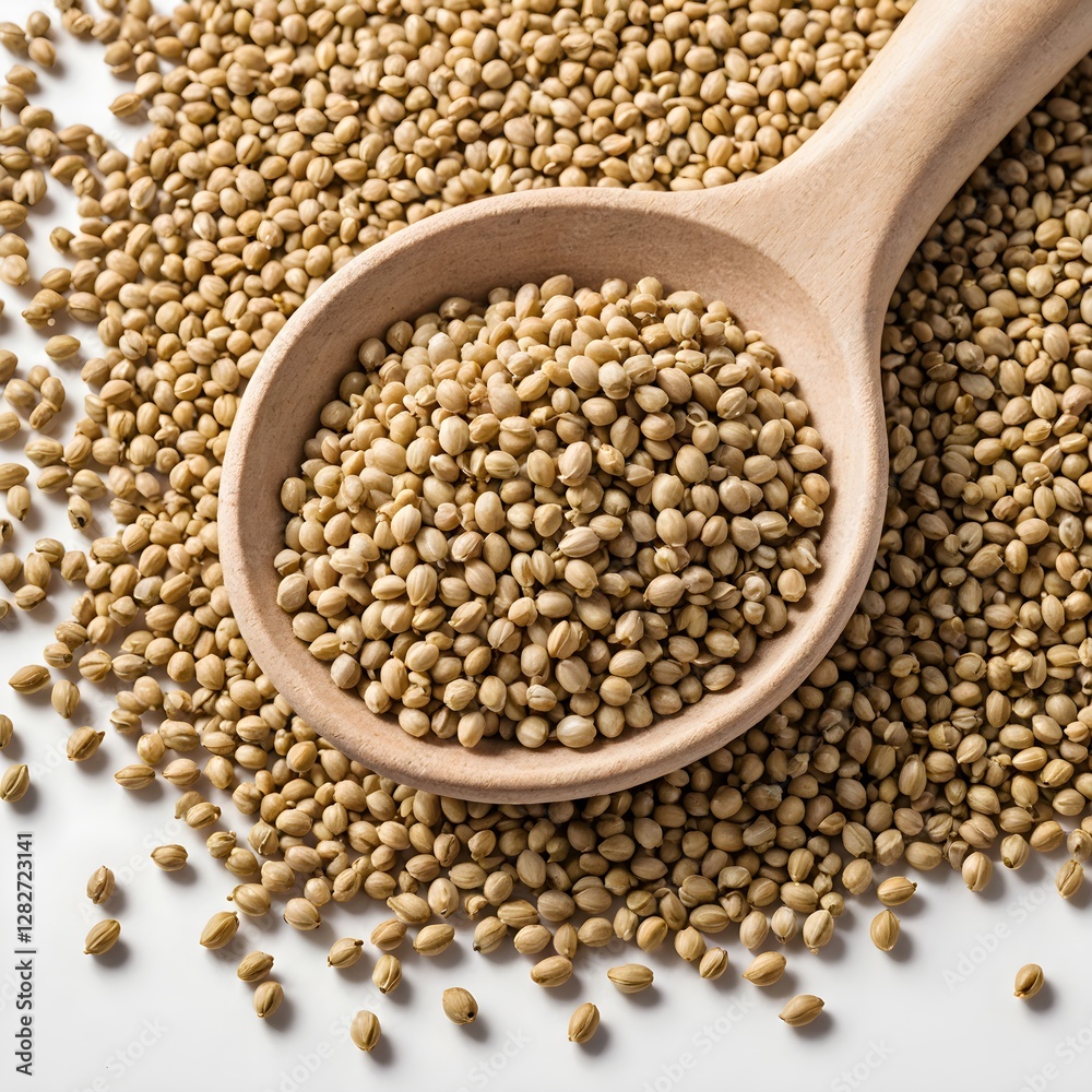 A wooden spoon filled with flax seeds on a white surface. A wooden spoon filled with flax seeds on a white surface.