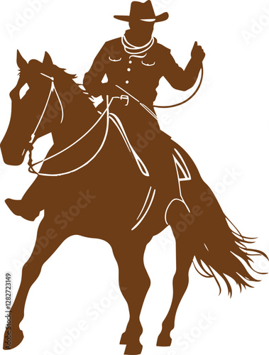 Cowboy with rope lasso in his hand on galloping horse silhouette element vector illustration.
