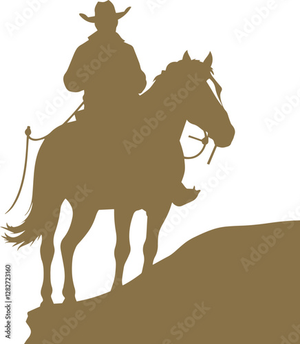 Cowboy with rope lasso in his hand on galloping horse silhouette element vector illustration.