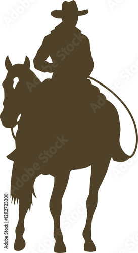 Cowboy with rope lasso in his hand on galloping horse silhouette element vector illustration.