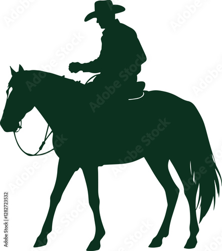Cowboy with rope lasso in his hand on galloping horse silhouette element vector illustration.