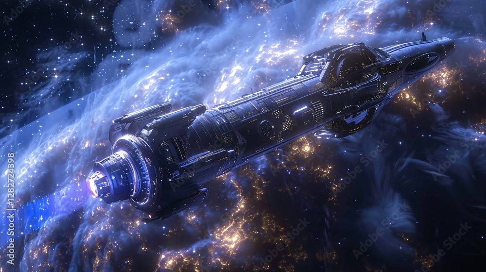 A beautifully detailed spacecraft sailing through a starry background, with perfect composition A beautifully detailed spacecraft sailing through a starry background, with perfect composition