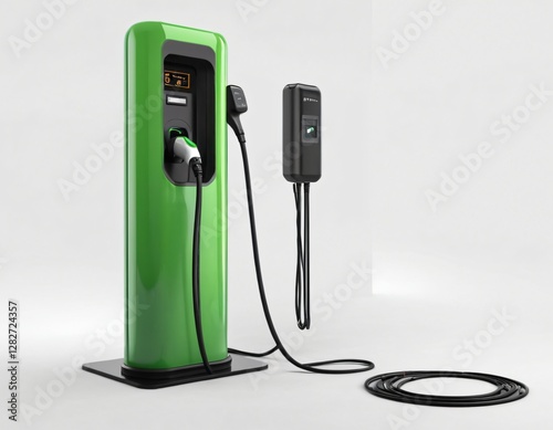 Electric car charging station on white background. Fast electric car charger green energy environment friendly driving vehicle station. Modern transport fuel of future. Minimal design power unit