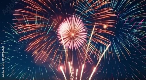 Rainbow Fireworks Lighting Up the Clear Night Sky with Vibrant Explosions and Sparkling Twinkles