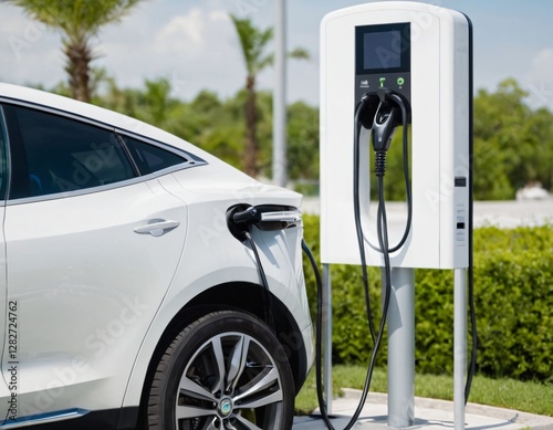 Electric car charging station on white background. Fast electric car charger green energy environment friendly driving vehicle station. Modern transport fuel of future. Minimal design power unit