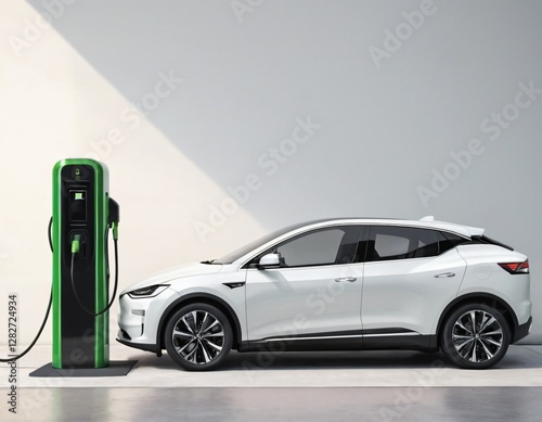 Electric car charging station on white background. Fast electric car charger green energy environment friendly driving vehicle station. Modern transport fuel of future. Minimal design power unit