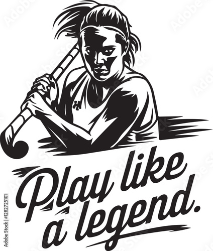 A black and white illustration of a female field hockey player 
