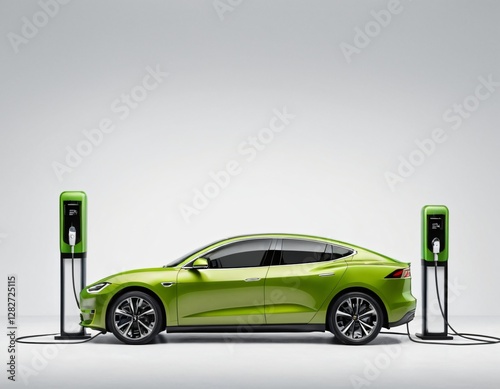Electric car charging station on white background. Fast electric car charger green energy environment friendly driving vehicle station. Modern transport fuel of future. Minimal design power unit