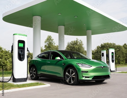 Electric car charging station on white background. Fast electric car charger green energy environment friendly driving vehicle station. Modern transport fuel of future. Minimal design power unit