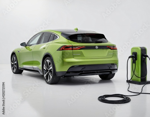 Electric car charging station on white background. Fast electric car charger green energy environment friendly driving vehicle station. Modern transport fuel of future. Minimal design power unit