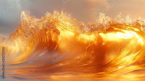 Golden wave crests with foamy spray under a cloudy sky