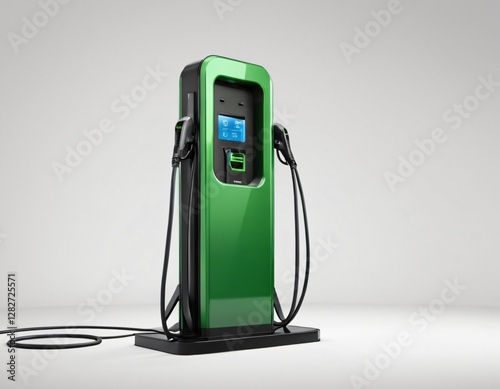 Electric car charging station on white background. Fast electric car charger green energy environment friendly driving vehicle station. Modern transport fuel of future. Minimal design power unit
