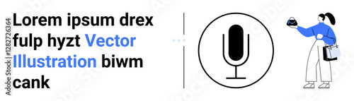 Microphone placed centrally, text to the left, and a modern-dressed woman holding a device. Ideal for branding, voice technology, podcasts, presentations, social media, ads flat landing page banner