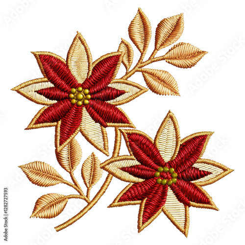 Detailed Embroidery of Two Red Flowers with Golden Leaves on Transparent Background