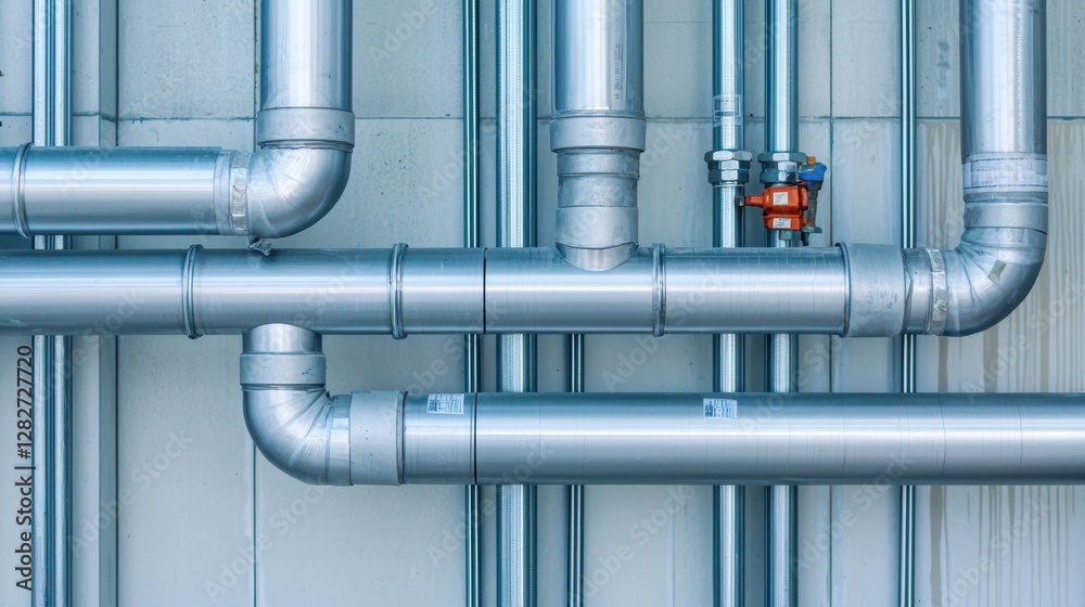 Industrial Pipe System with Metallic Tubes and Valves on Wall for Manufacturing Applications Industrial Pipe System with Metallic Tubes and Valves on Wall for Manufacturing Applications