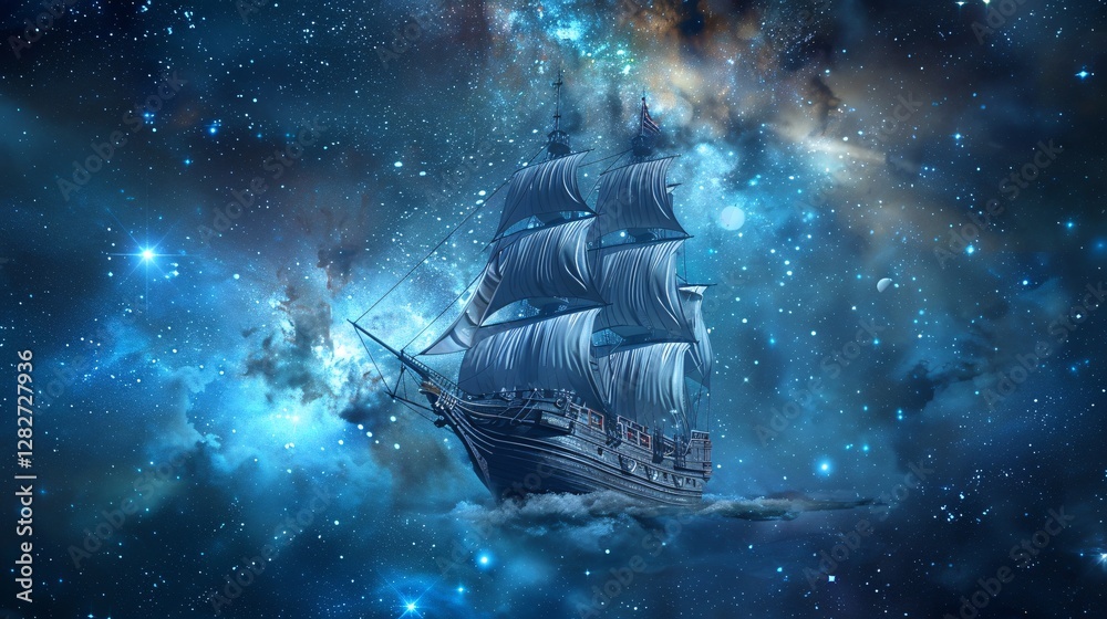 A photorealistic ship sailing through a starry background, with perfect composition and detailed designs A photorealistic ship sailing through a starry background, with perfect composition and detailed designs