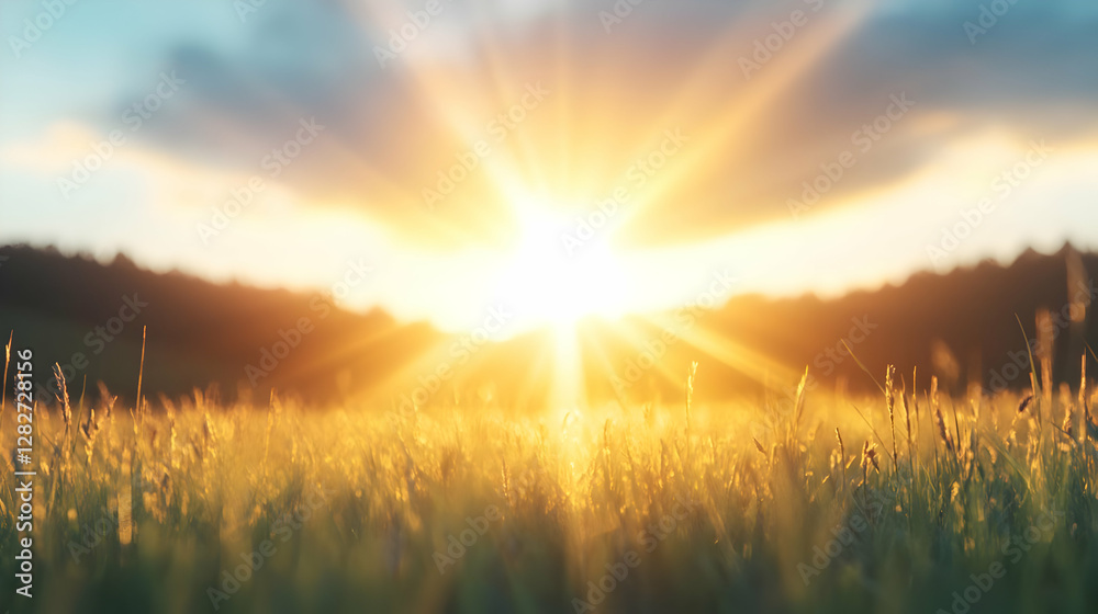 Golden hour sunset over a field of tall grass, creating a peaceful and serene landscape; ideal for backgrounds or calming imagery Golden hour sunset over a field of tall grass, creating a peaceful and serene landscape; ideal for backgrounds or calming imagery